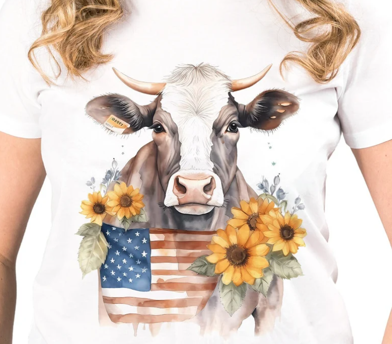 Cows, sunflowers and the USA FLAG