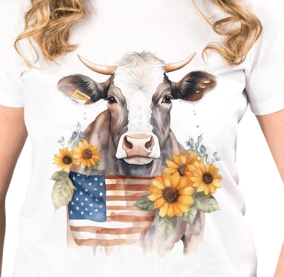 Cute Cow and Sunflower and American Flag