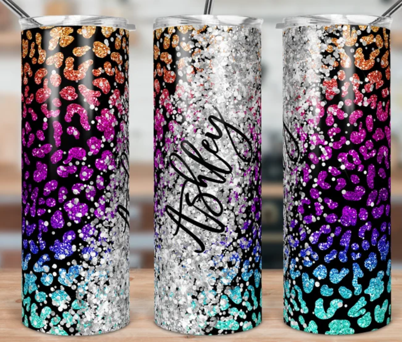 Black and rainbow glitter leopard with Name